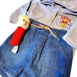 Disney Winnie the Pooh Bear Hoodie Jacket Shorts & Pooh Baby Rattle toy Lot 3-6m